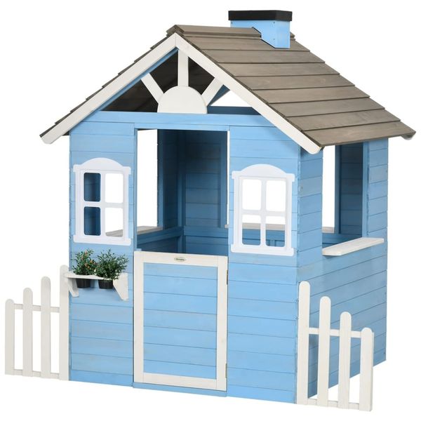Casinha Infantil de Madeira para Área Externa Estilo Country com Porta, Janelas, Posto de Serviço e Vasos de Flores para Crianças de 3 a 7 Anos, 110v