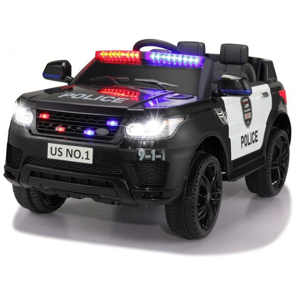 Carro Elétrico Infantil a Bateria Policial com Controle Remoto, Sirene, Luzes Piscantes, Música via Blueooth e Suspensão de Mola, 12V, TOBBI, Preto e 110v