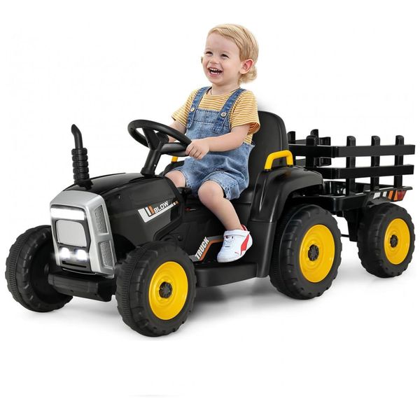 Trator Elétrico Infantil 2 em 1 com Reboque, Controle Remoto, Câmbio de 3 Marchas, Música, USB e Bluetooth, 12V, Olakids, Preto 110v