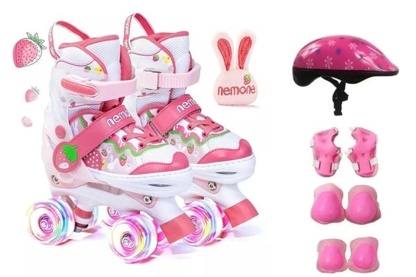 Patins Quad Ajustável Morango Rodinhas Led+ Kit Proteção 36-38