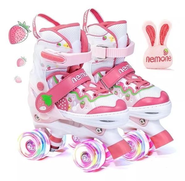 Patins Infantil Morango Quad Ajustável + Rodas Em Led 32-35