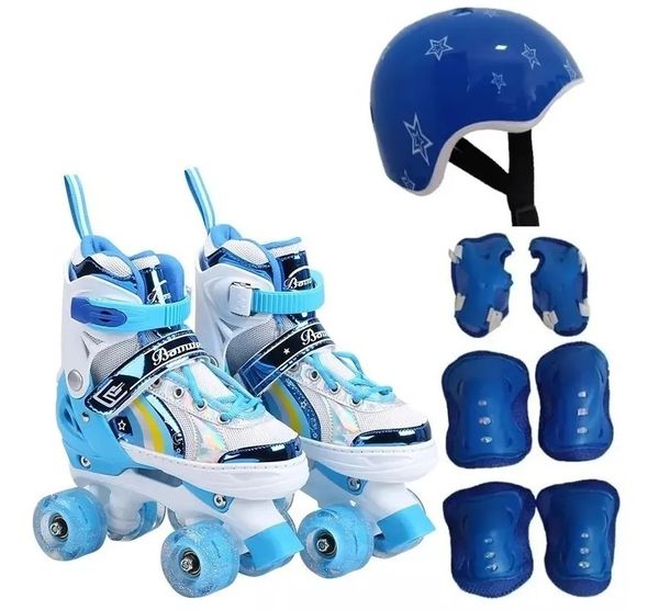 Patins Infantil Quad Ajustável + Kit Proteção Rodas Em Led 32-35 / Azul