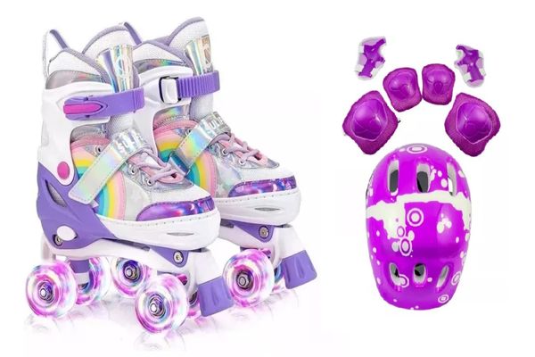 Patins Infantil Quad Ajustável + Kit Proteção Rodas Em Led 28-31 / Roxo