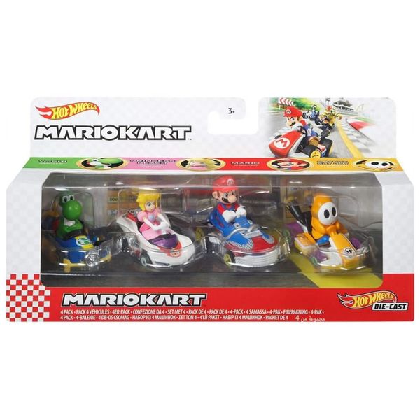 Conjunto Hot Wheels Mario Kart Vehicle 4Pack - 4 Personagens Favoritos dos Fãs, Inclui 1 Modelo Exclusivo - Presente Colecionável para Crianças