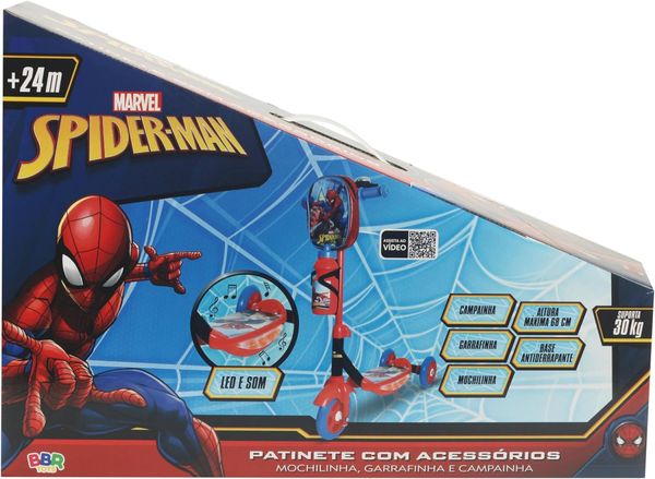 Patinete Infantil 3 Rodas Mochilinha e Garrafinha Som e Luz Marvel - Homem Aranha