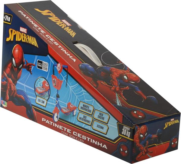 Patinete 3 Rodas com Cestinha Led e Som - Homem Aranha