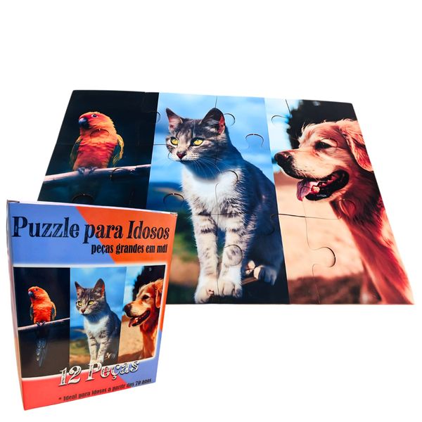 Quebra-Cabeça de Animais em MDF 300 Peças com Gato, Cachorro e Arara