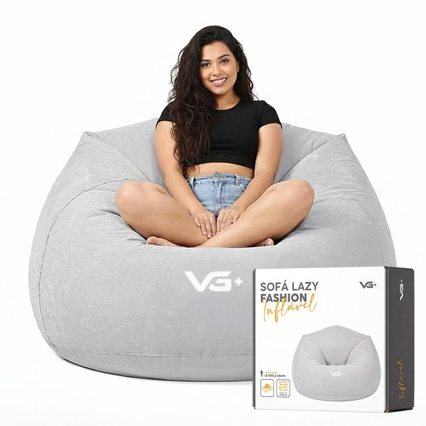 Poltrona Inflável Puff Lazy Fashion Aveludado Assento Pufe VG Plus Cinza