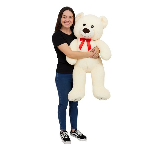 Urso de Pelúcia Grande Fizzy Toys Cor Creme com Laço Vermelho e Toque Supermacio