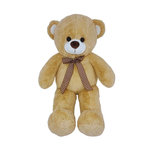 Urso de Pelúcia Pernas Longas Fizzy Toys 73cm Bege com Laço Xadrez e Toque Macio