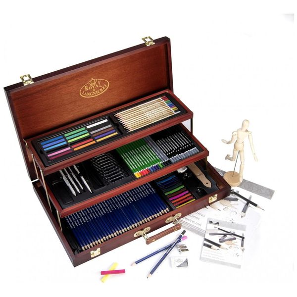 Kit Lápis de Cor Profissional com Maleta de Madeira 134 peças Tintas Acrílicas, Aquarela, ROYAL LANGNICKEL 132653, Ma... 110v