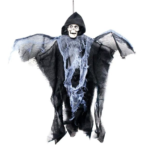 Decoração Halloween Boneco Esqueleto Caveira pra Pendurar Bate as Asas Movimento Som e Luz -