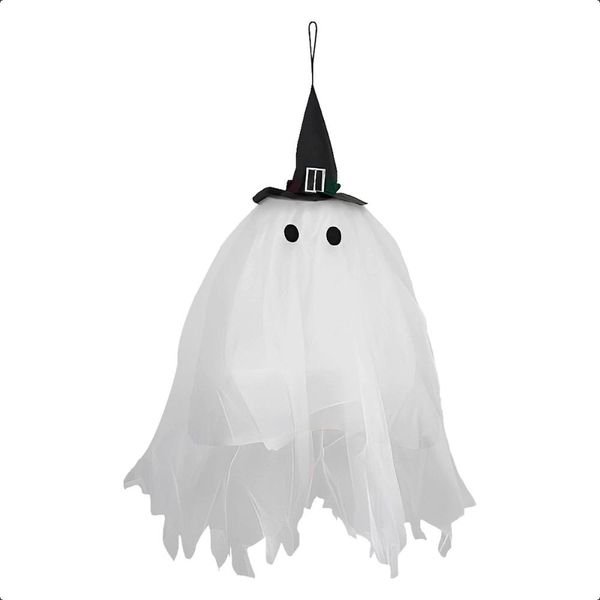 Decoração de Halloween Grande pra Pendurar Fantasma Branco com Chapeu de Bruxa e Led 80 cm -
