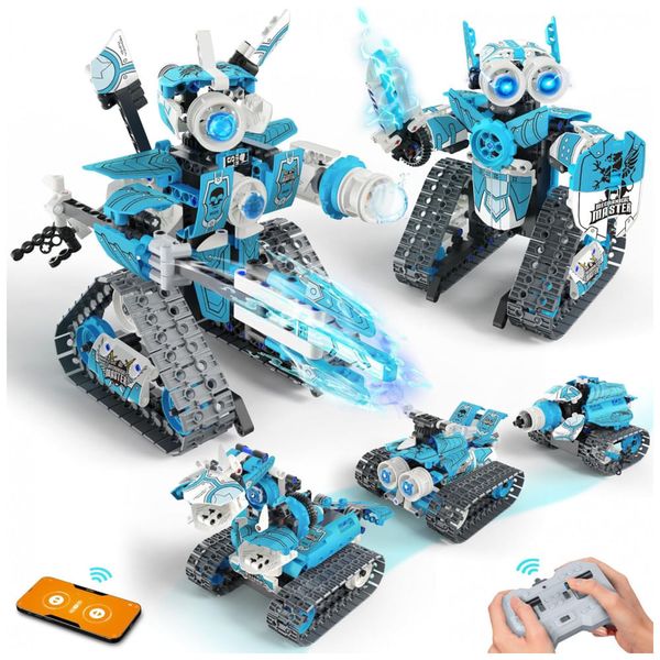 Kit Educativo de Engenharia Azul e Branco – Opmind 5-in-1 STEM RC Robot Building Kit com 398 Peças e Controle App/Bluetooth