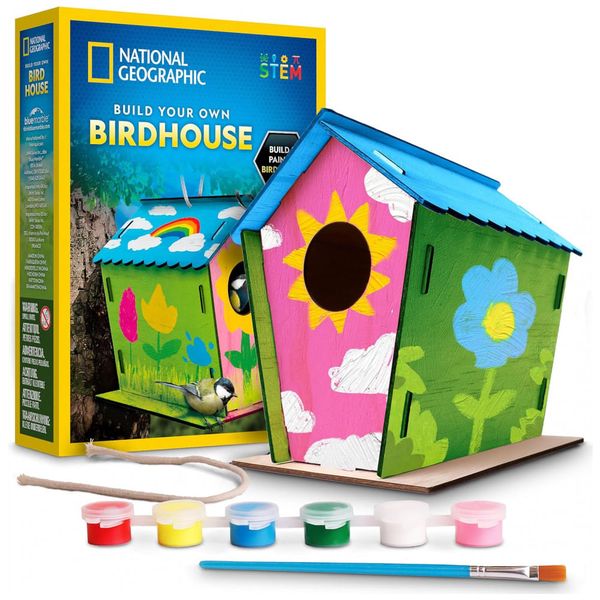 Kit de Construção de Casa de Pássaros National Geographic Faça Você Mesmo - Artesanato de Casa de Pássaro de Madeira com Tintas, Pincel e Diário