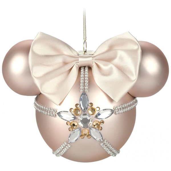 Enfeite Natalino Disney Minnie Mouse Sketchbook, Bola de Vidro com Detalhes Rosé e Pedras Preciosas