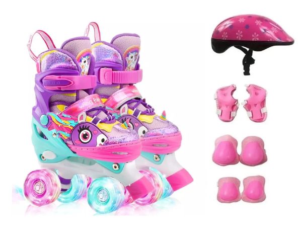 Patins Infantil Unicórnio Ajustável + Kit Proteção Rodas Led 32-35