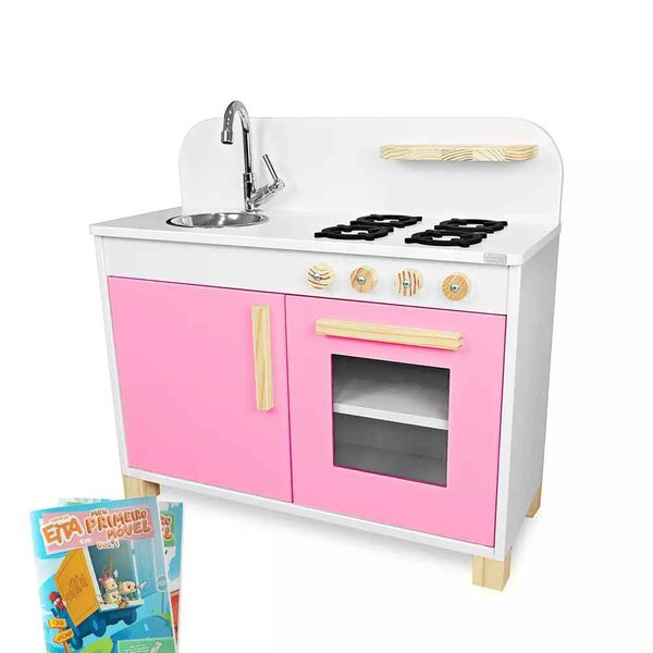Kit Livro Cozinha Infantil de Madeira Compacta Rosa