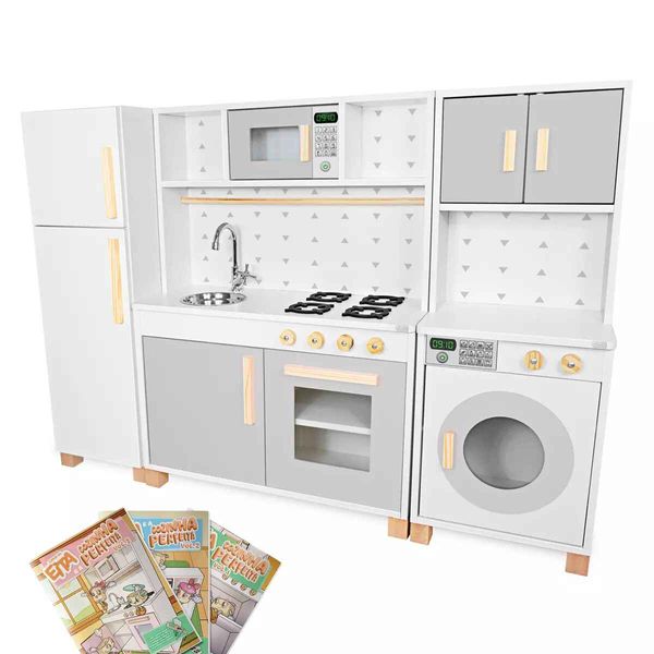 Cozinha Infantil Geladeira Fogão Forno Lavanderia MDF Cinza Kit Cozinha Infantil com Geladeira e Máquina de Lavar Cinza