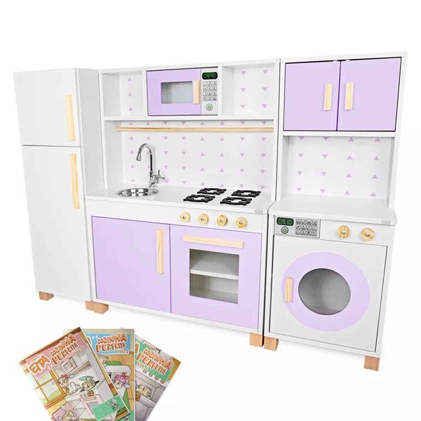 Cozinha Infantil Lilás Geladeira Lavanderia MDF Kit Cozinha Infantil com Geladeira e Máquina de Lavar Lilás