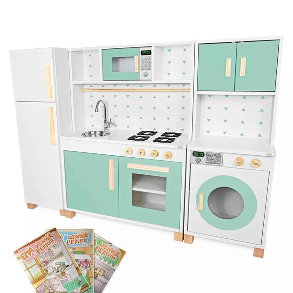 Cozinha Infantil Geladeira Fogão Forno Lavanderia MDF Verde Kit Cozinha Infantil com Geladeira e Máquina de Lavar Verde Claro