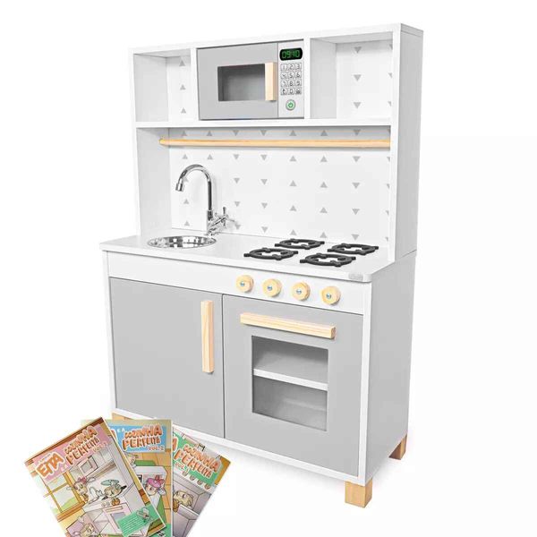 Cozinha Infantil com Pia Fogão e Microondas Cinza