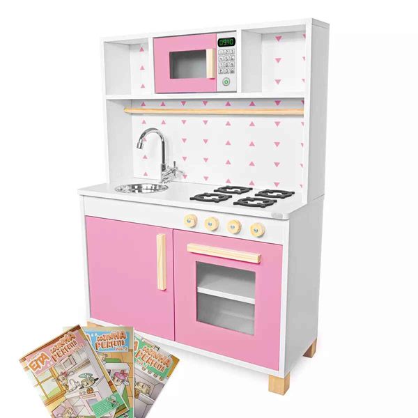 Cozinha Infantil com Pia Fogão e Microondas Rosa