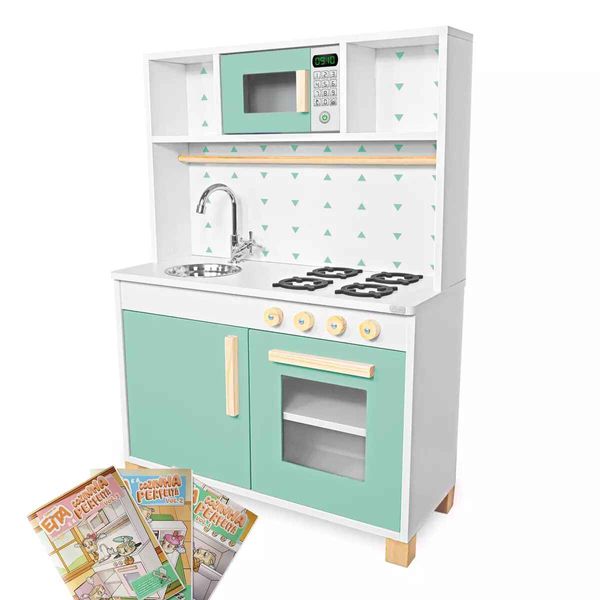 Cozinha Infantil com Pia Fogão e Microondas Verde Claro