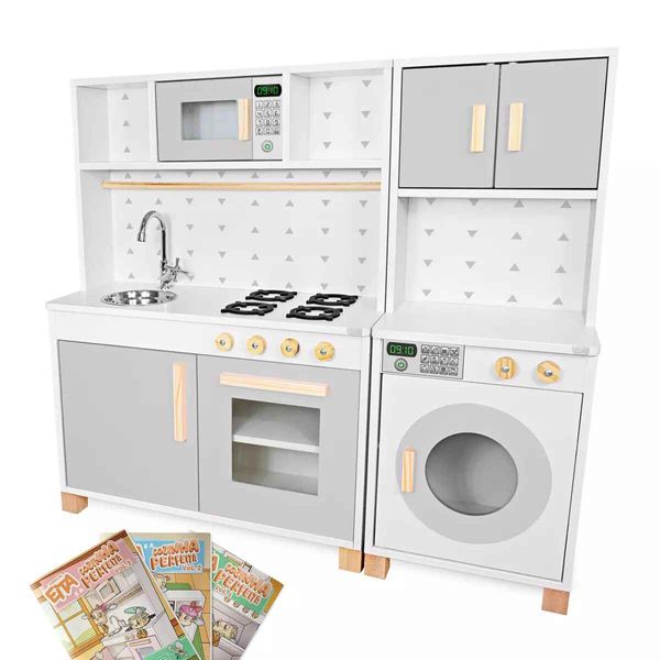 Cozinha Infantil Forno Pia e Máquina de Lavar MDF Cinza Kit Cozinha Infantil e Máquina de Lavar Infantil Cinza