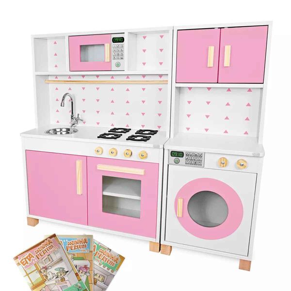 Cozinha Infantil Forno Pia e Máquina de Lavar MDF Rosa Kit Cozinha Infantil e Máquina de Lavar Infantil Rosa