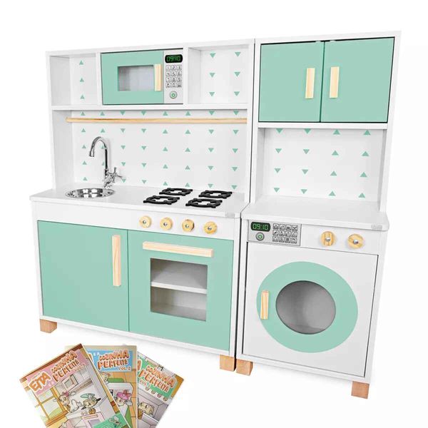 Cozinha Infantil Forno Pia e Máquina de Lavar MDF Verde Kit Cozinha Infantil e Máquina de Lavar Infantil Verde Claro