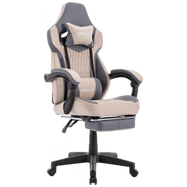 Cadeira Gamer Reclinável e Giratória com Apoio para os Pés e Cabeça, WOTSTA , Cinza