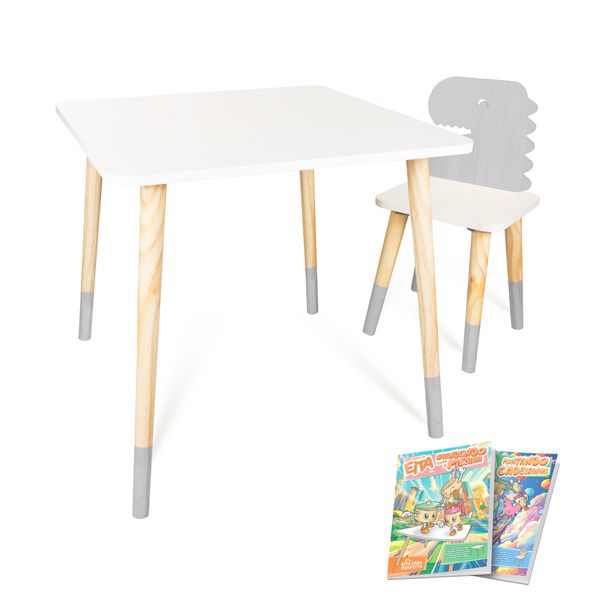 Kit Mesa e Cadeira Infantil Dinossauro G Cinza