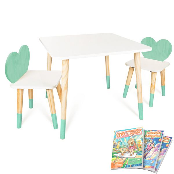 Kit Mesa e 2 Cadeiras Infantil Coração Verde Claro