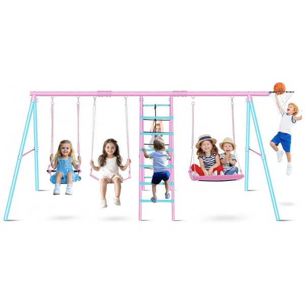 Balanço Infantil Multifuncional 6 em 1 SIHANM Metal Reforçado Rosa e Azul Claro com 3 Balanços Ajustáveis, Escada, Rede de Escalada