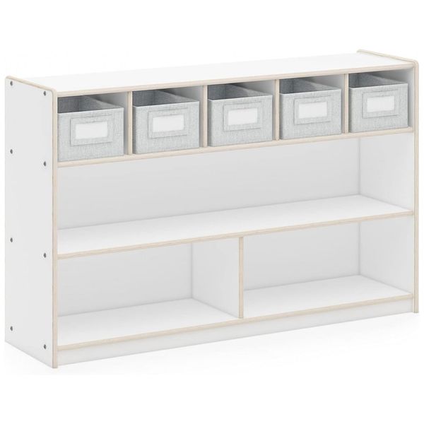 Estante baixa Guidecraft EdQ Shelves and 5 Bin Storage Unit 30" Branca com 2 prateleiras e 5 nichos com caixas de tecido 122cm