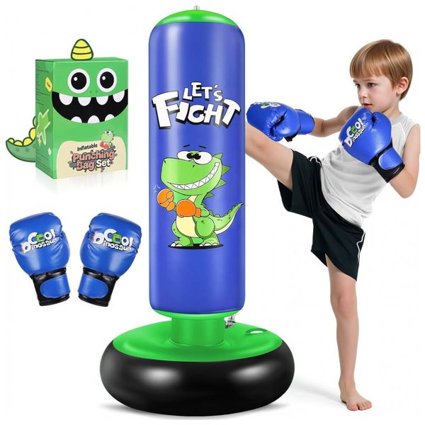 Esnowlee Saco de Pancadas Inflável 122 cm com Luvas de Boxe para Crianças - Dinossauro Azul, Brinquedo Estável para Karate e Taekwondo