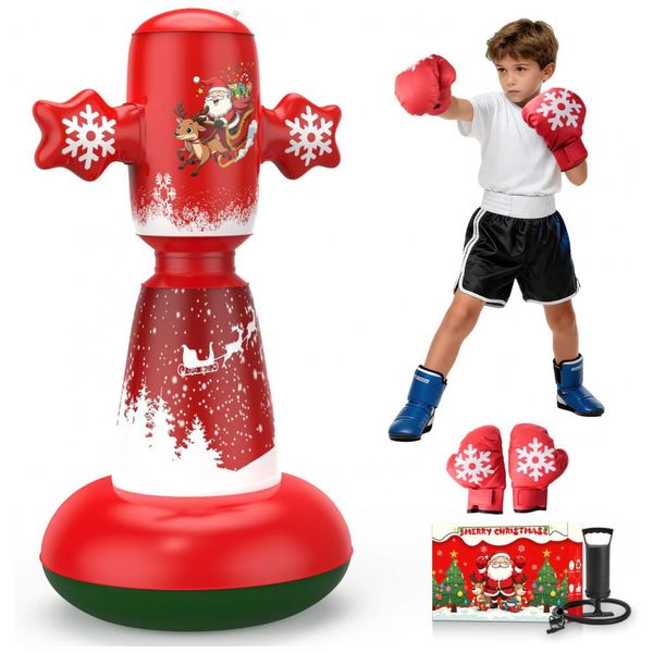 BaiYuan Bolsa de Pancadas Inflável 147 cm para Crianças - Treino de Karatê, Taekwondo com Tema Natalino Vermelho e Verde