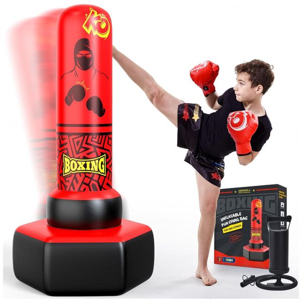 ODOSOLA Saco de Pancadas Inflável 170 cm para Crianças, Kit Completo com Luvas e Bomba Manual, Brinquedo Ativo e Educativo Vermelho