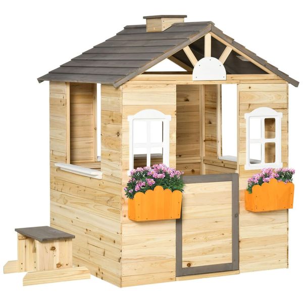Casinha Infantil de Madeira para Área Externa com Porta de Trabalho, Janelas, Banco, Posto de Serviço e Suportes para Vasos de Flores, Outsunny, 110v