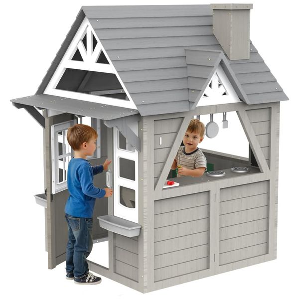 Casinha Infantil de Madeira para rea Externa com Acessrios de Cozinha, Suporte para Vasos de Flores e Campainha Funcional, Segmart, Cinza 110v