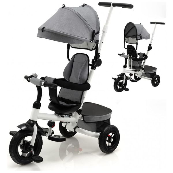 Triciclo Infantil 4 em 1 com Alça Removível, Sino, Assento Giratório e Cesta de zenamento para Crianças de 1 a 5 anos, Costzon, Cinza 110v