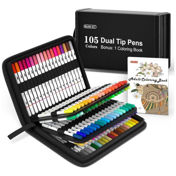 Conjunto de Canetas Artisticas 105 Cores com Ponta Dupla, Eestojo e 1 Livro de Colorir para Crianças, Shuttle Art