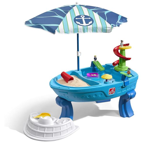 Mesa de Atividades Sensoriais na Areia e Água, Inclui 10 Acessórios e Guarda Sol, Step2, Azul