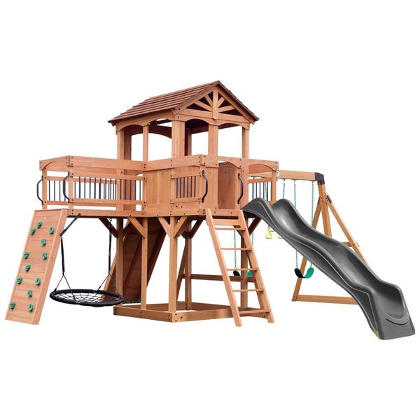Playground Infantil de Madeira com Parede de Escalada, Varanda, Ponte, Escorregador, 2 Balanços de Cinto e 1 Balanço de Teia, Backyard Discovery