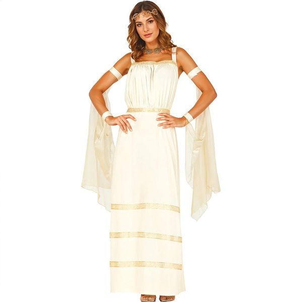 Deusa Grega Fantasia Vestido Romano Mitologia Longo Com Veu pp / BEGE