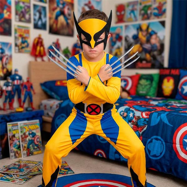 Fantasia Infantil Wolverine Longa X-men Com Máscara de Herói M / Amarelo