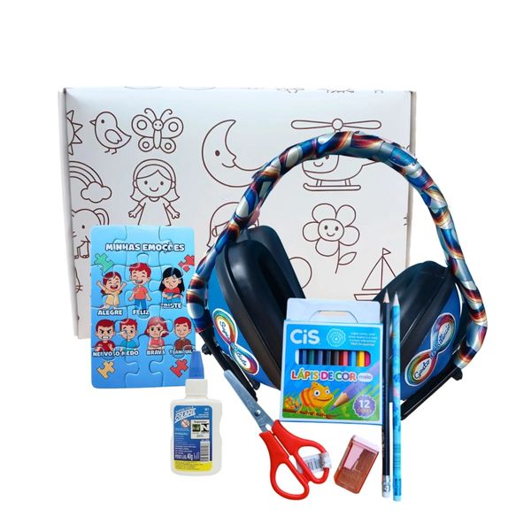 Abafador de Ruidos Para Meninos Com Caixa Para Colorir e Kit Escolar Sensorial