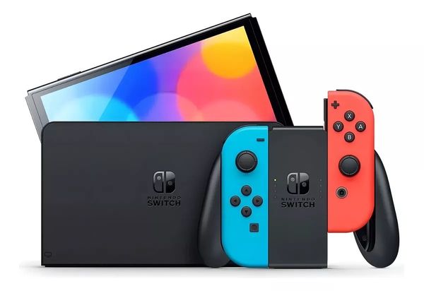 Console Nintendo Switch OLED, 64GB, Preto - Joy-Con Azul e Vermelho Néon