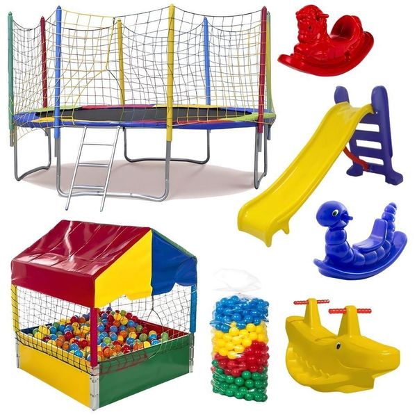 Kit Pula Pula 3,05m + Piscina De Bolinhas 1m + 500 Bolinhas + Escorrega Médio + 2 Gangorra 1l + 1 G2